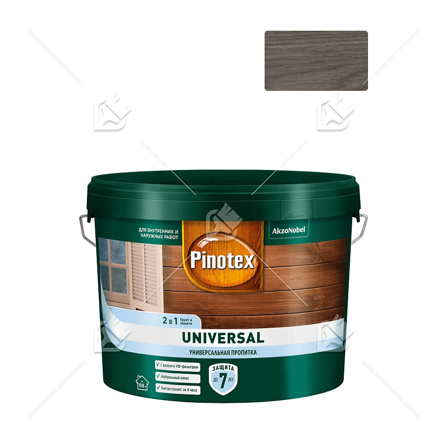 Pinotex Universal 2 в 1 универсальная пропитка для древесины Скандинавский серый 9 л