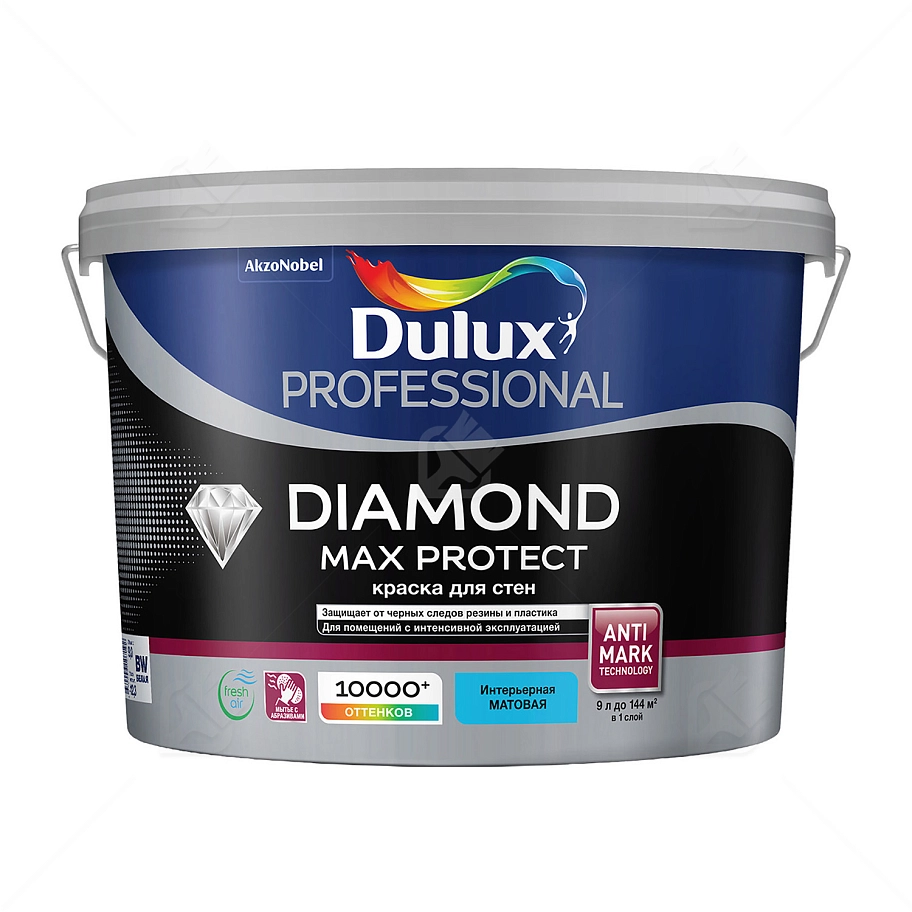 Краска для стен и потолков водно-дисперсионная Dulux Diamond Max Protect глубокоматовая база BW 9 л.