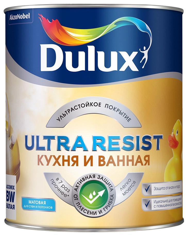 Краска для кухни и ванной латексная Dulux Ultra Resist матовая база BW 1 л.