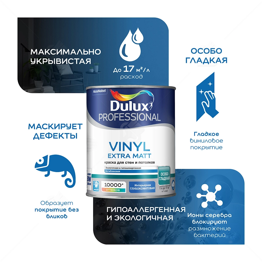 Краска для стен и потолков водно-дисперсионная Dulux Vinyl Extra Matt матовая база BW 9 л.