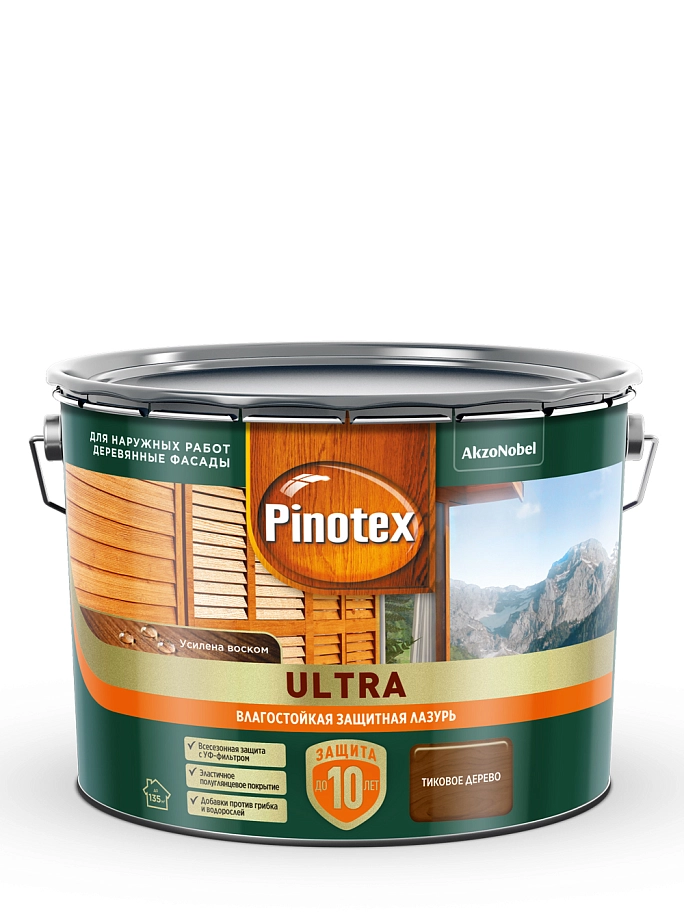 Пропитка декоративная для защиты древесины Pinotex Ultra AWB полуглянцевая тик 9 л