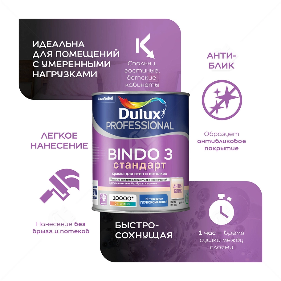 Краска для стен и потолков латексная Dulux Professional Bindo 3 глубокоматовая база BW 1 л.