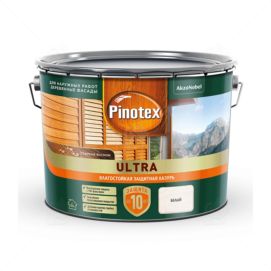 Пропитка декоративная для защиты древесины Pinotex Ultra AWB полуглянцевая белая 9 л