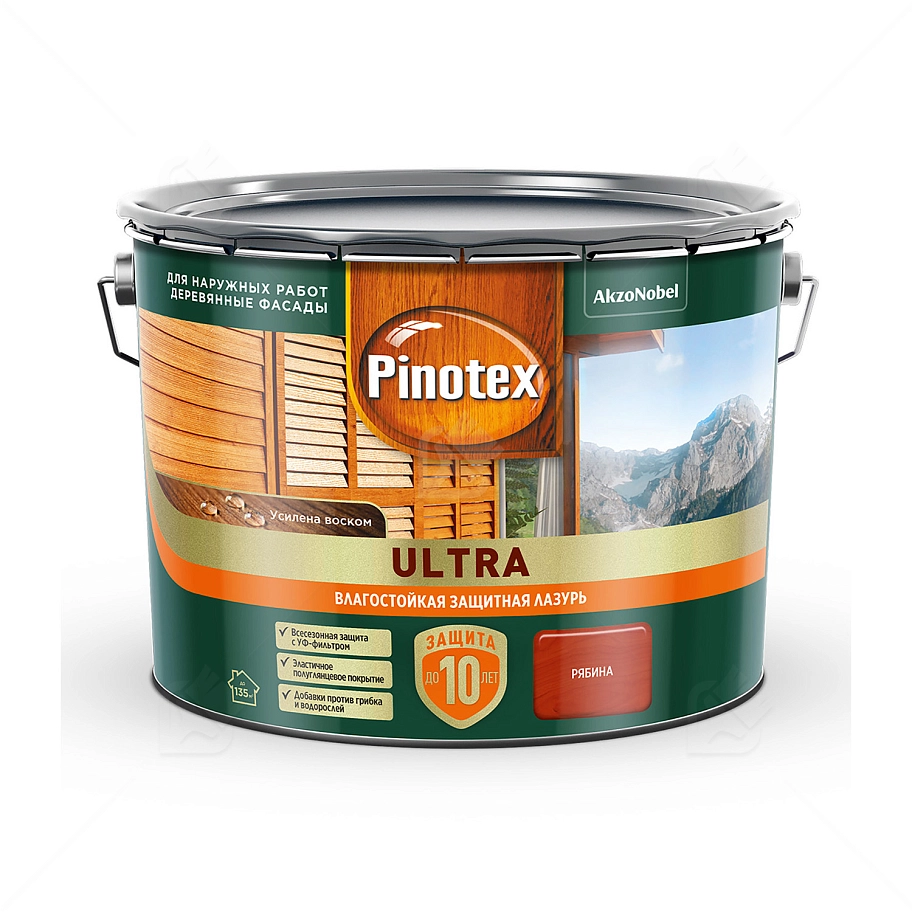 Пропитка декоративная для защиты древесины Pinotex Ultra AWB полуглянцевая рябина 9 л