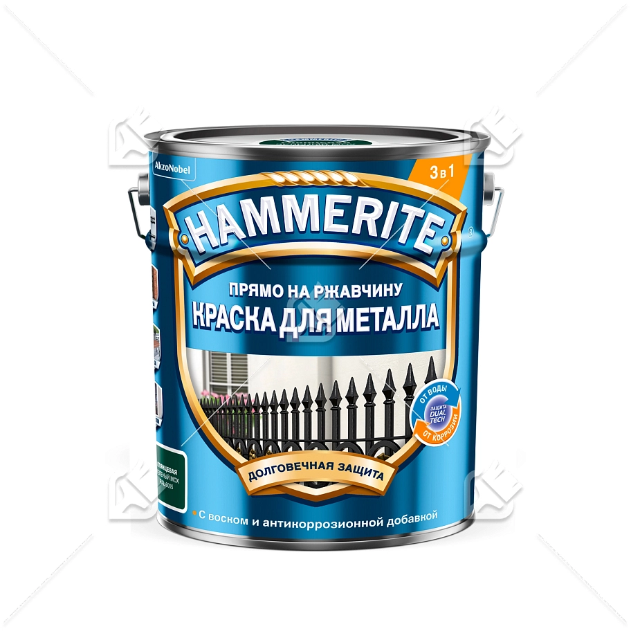 Краска для металлических поверхностей алкидная Hammerite молотковая RAL 6005 зеленый мох 5л