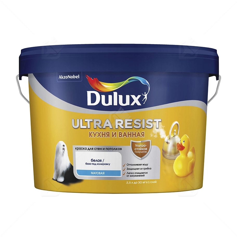 Краска для кухни и ванной латексная Dulux Ultra Resist матовая база BW 2,5 л.