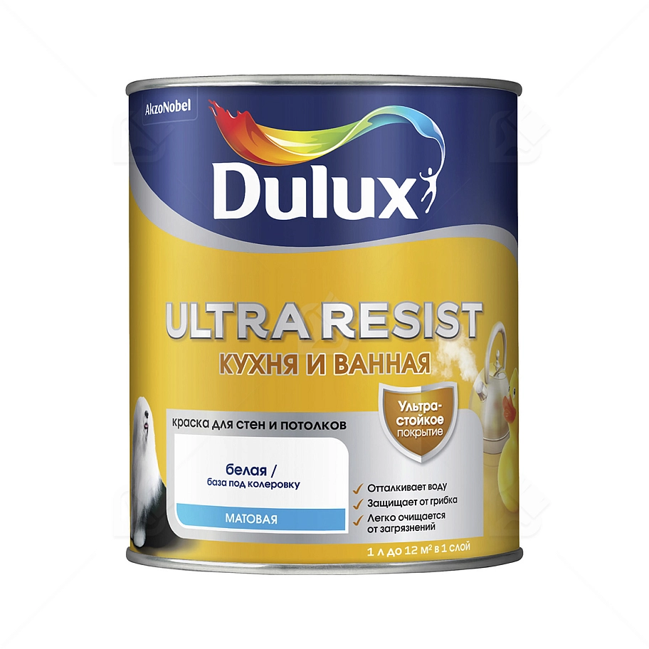 Краска для кухни и ванной латексная Dulux Ultra Resist матовая база BC 0,9 л.
