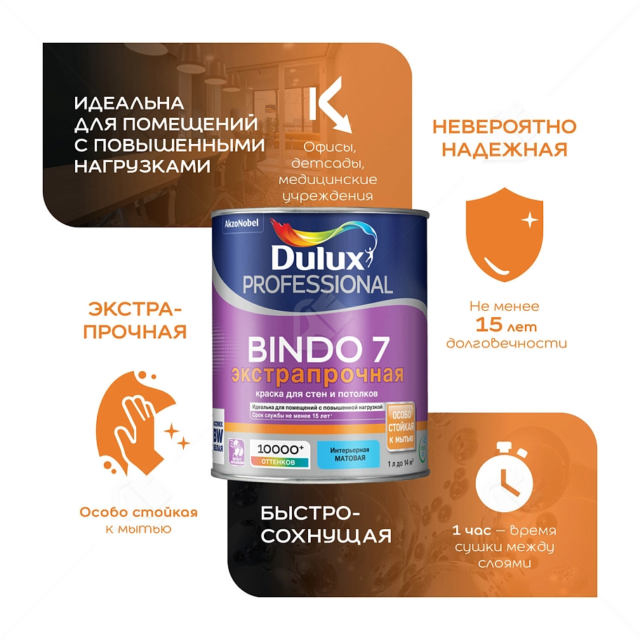 Краска для стен и потолков латексная экстрапрочная Dulux Professional Bindo 7 матовая база BW 4,5 л.