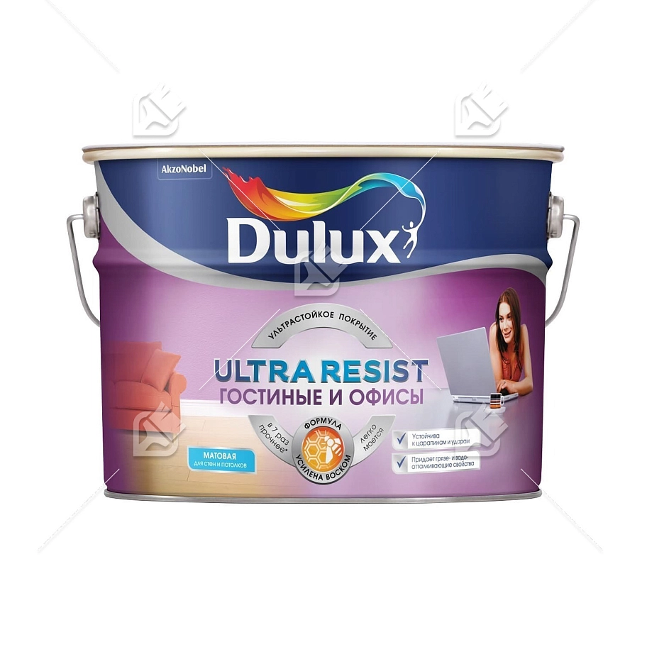 Краска для стен и потолков латексная Dulux Ultra Resist Для Гостиной и Офиса матовая база BW 9л/10л